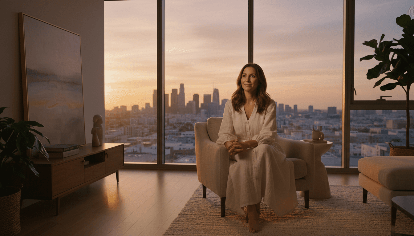 Woman in a sunlit modern living room overlooking Los Angeles, embodying confidence and clarity